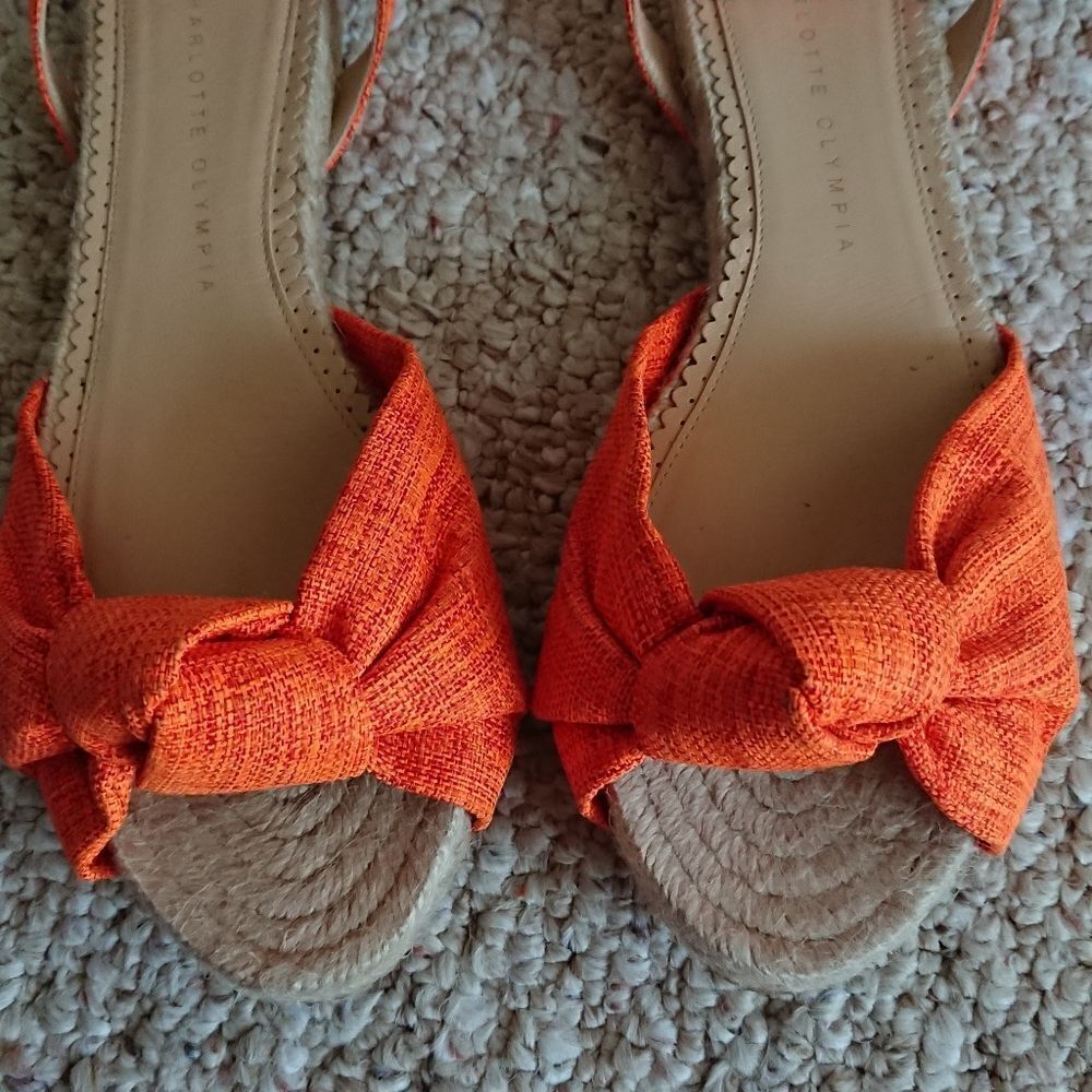 Charlotte Olympia neon orange canvas bow ankle wrap sandals size 8.5 - Picture 4 of 12
